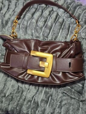 Women's Brown Faux-Leather Belt Bag with Gold Buckle
